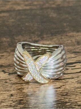 Two-Tone Wide Band Ring with Pavé X Centerpiece